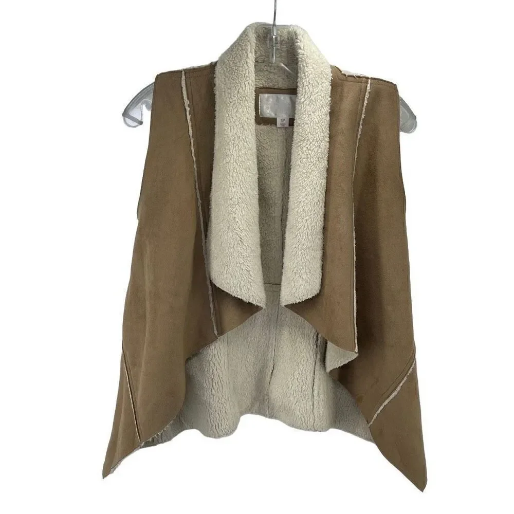 Xhilaration Women's Faux Fur Trim Open Front Suede Vest Tan Size Small Petite